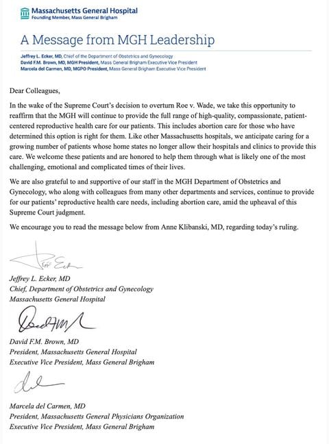 マサチューセッツ総合病院が病院関係者に送った文書