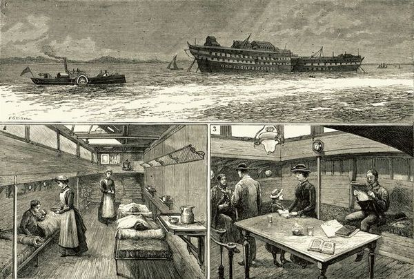 天然痘が流行した際、患者を船で輸送する様子。