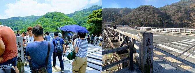 渡月橋（2018年夏）と現在（2020年2月）