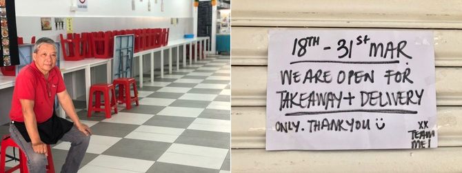 （写真左から）店内での飲食は厳しく制限されるため、テーブルと椅子をすべて片付け、持ち帰り注文の客を待つ中華料理店の経営者。3月18日からの2週間、「持ち帰りか宅配には応じます」とシャッターに掲げていた飲食店。完全に閉店すると収入は途絶えてしまう