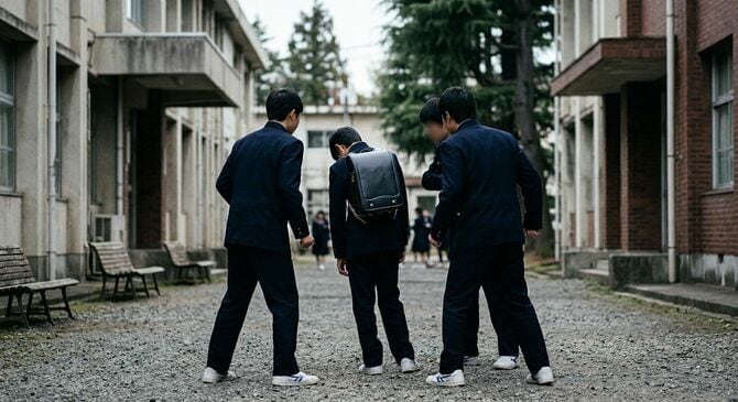 同じ制服の男子に囲まれるランドセルを背負った少年