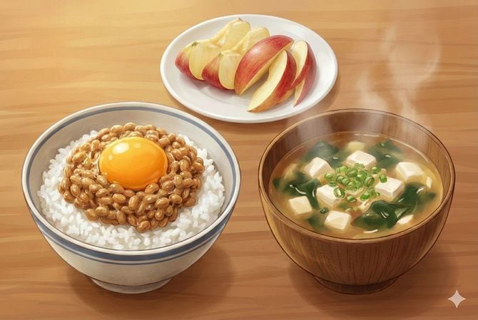 たまご納豆ご飯+わかめの味噌汁+りんご