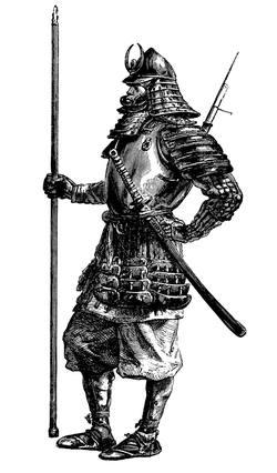 日本の侍を完全な鎧で飾ったアンティークイラスト