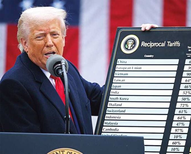 国・地域別の相互関税率の表を掲げるトランプ米大統領。