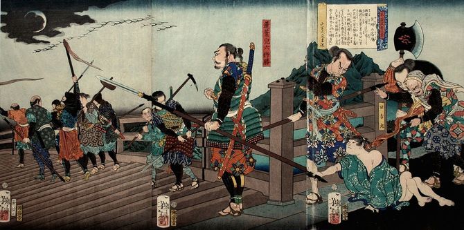 『美談武者八景　矢矧の落雁』月岡芳年・筆