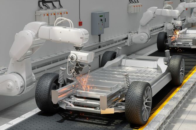 自動車工場で車を組み立てるロボットアーム