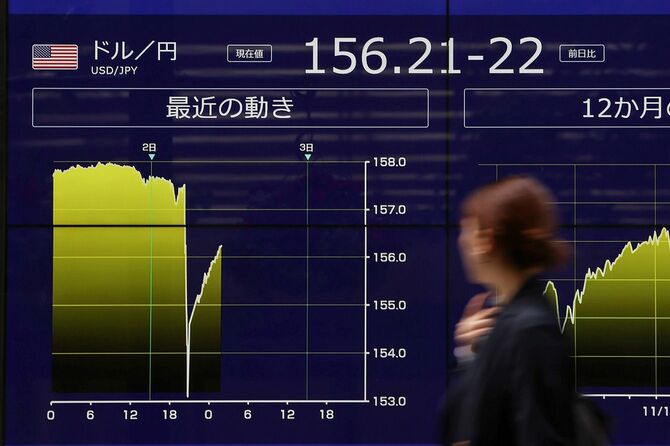 乱高下した円相場を示すモニター＝2024年5月2日午前、東京都千代田区