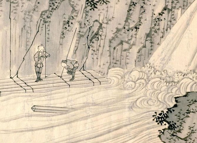 木曽式運材法を図解した『官材画譜』（17世紀の写本）。木材を筏に組んで川に流している。国立国会図書館所蔵