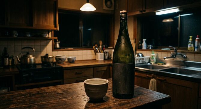 台所の酒瓶とお椀