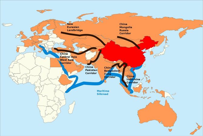赤が中国、オレンジがアジアインフラ投資銀行のメンバー。黒字は「シルクロード経済ベルト」（一帯）、青字は「21世紀海上シルクロード」（一路）の回廊案