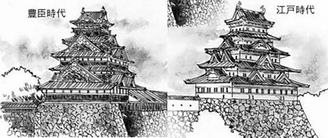現在の大阪城天守閣は、江戸時代の大型の天守台の上に、豊臣時代の小型だが華麗だった意匠を再現したものだが、壁の色が白いのは江戸時代と同じ