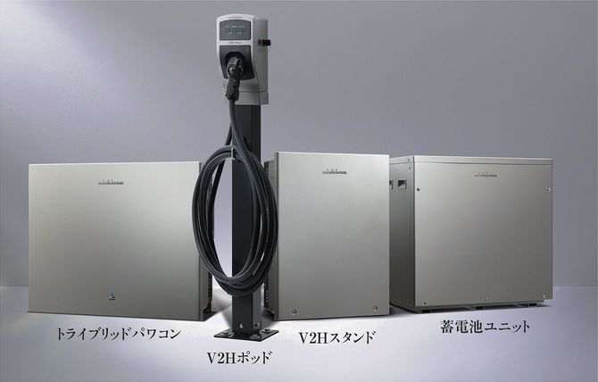 トライブリッド蓄電システム「ESS-T5／T6 シリーズ」。蓄電池は7.4kWhから19.9kWhまで四つの蓄電容量から選ぶことができる。
