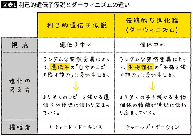 【図表1】利己的遺伝子仮説とダーウィニズムの違い