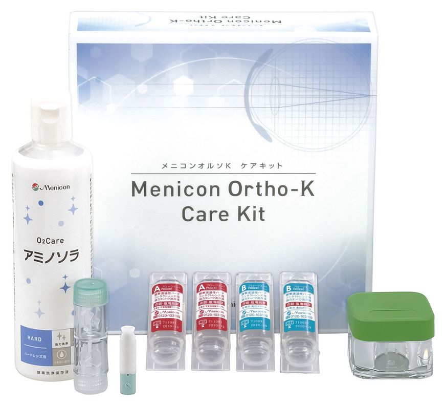 角膜矯正用コンタクトレンズ「メニコンオルソK」。就寝時に装用し、角膜前面を平坦化することで近視を一時的に改善させる特殊なハードコンタクトレンズ。