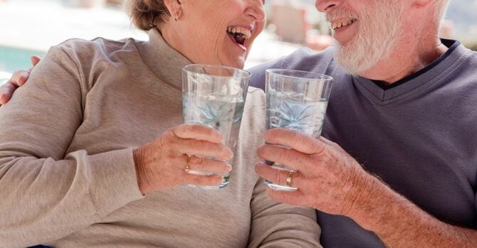 笑顔でグラスを持つシニアカップル