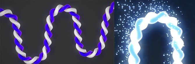 （写真左）綿の糸と水溶性の糸を強くねじり合わせる／（写真右）熱水処理をして水溶性の糸だけを溶かす