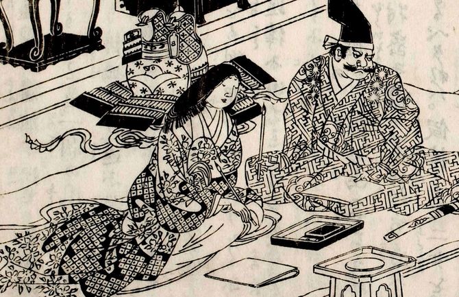 『絵本豊臣勲功記』に描かれた、北ノ庄城で過ごす勝家とお市。出典=国文学研究資料館/国書データベース