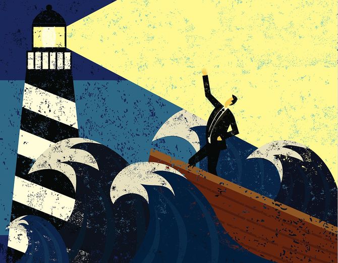 嵐の海で灯台の明かりを頼りにするビジネスマンのイラスト