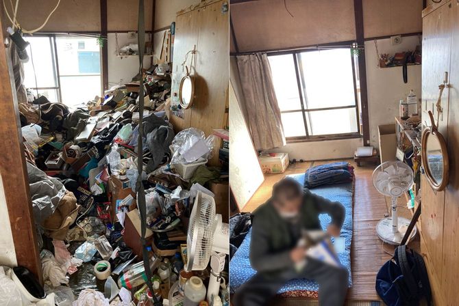（左）作業前の男性宅。足の踏み場もない状況だった。（右）作業後。室内はすっかり片付き、布団の上で寝られるようになった。