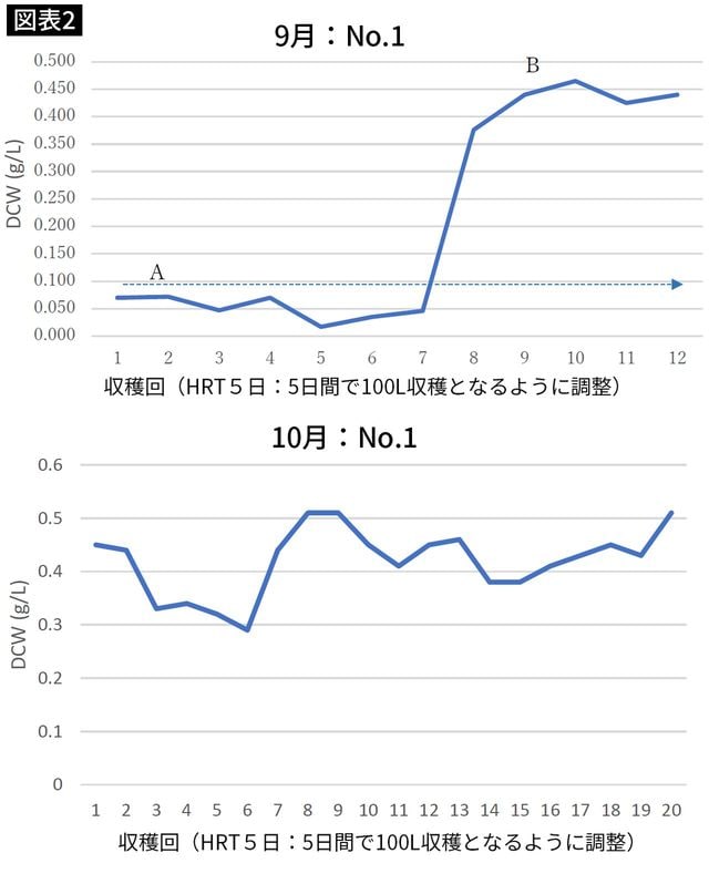 【図表】9月はスタート期なので　薄い状態からの移行期（A）を入れると日平均生産量は0.13-0.199g／L。安定期（B）では日平均生産収穫は0.23-0.3g／Lと高い生産量であった（上の図）。10月の日平均生産量は0.2-0.3g／Lとなった（下の図）。