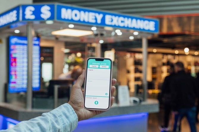 旅行先で翻訳アプリを使用する人