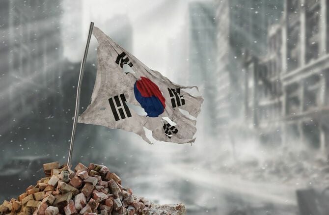 汚れて破れた韓国の国旗