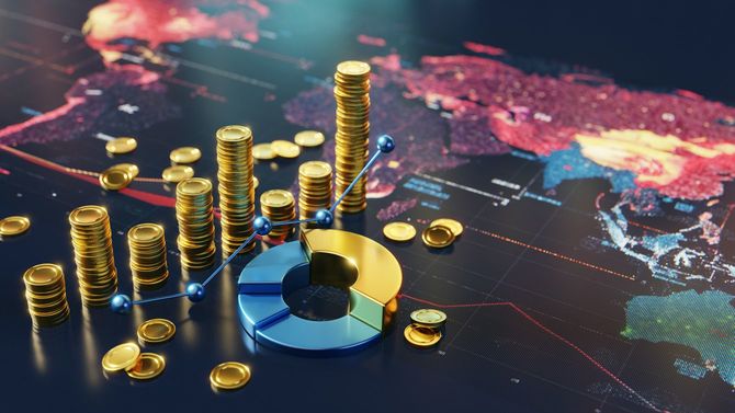 コイン、グラフ、世界地図の視覚化を通じて表示される世界の金融トレンド