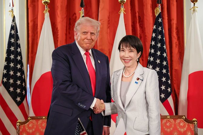 2025年10月28日、赤坂御用邸の迎賓館にて、ドナルド・J・トランプ米大統領と首脳会談を行った高市首相