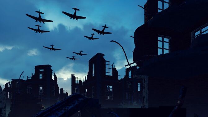 荒廃した都市遺跡の上を飛ぶ軍用機