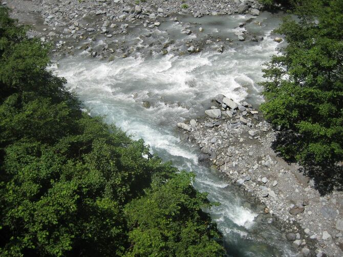 大井川本流と支流の分岐点、県はこの沢に生息するすべての水生生物への影響予測を求めている