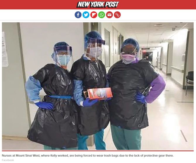 黒いごみ袋をかぶっている看護師3人。ニューヨーク・ポスト紙は、「防護服の不足からごみ袋を着用せざるを得ない」と報じた。