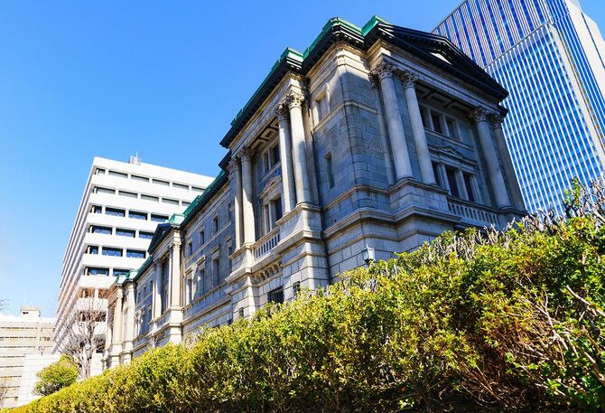 青空を背景に日本銀行