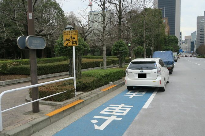 この自転車専用レーンも駐車スペースになっている