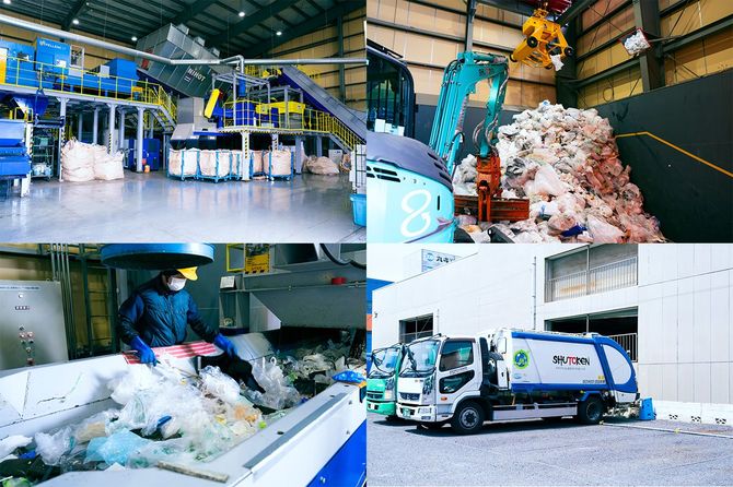 【左上】廃プラスチック類などの産業廃棄物中間処理施設の一つである第8リサイクルセンター。廃プラスチックを効率よく選別するために、風力選別機、光学選別機などの機械を独自に組み合わせ、ラインが作られている。　【右上】集められたゴミ袋は重機でゴミ袋を破る機械へ投入し、ここから選別作業がスタートする。　【左下】各工程は機械化が進むが、リチウム電池を含む廃棄物を取り除くなど、中には人手が欠かせない工程も。　【右下】首都圏環境美化センターのロゴが入ったパッカー車（産業廃棄物 4トン）。