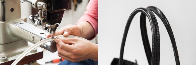 （左）熟練の職人の手作業によって、丁寧に縫い上げられていくバッグの持ち手。／（右）持っているときも、置いたときも。常に美しく自立することにこだわった。