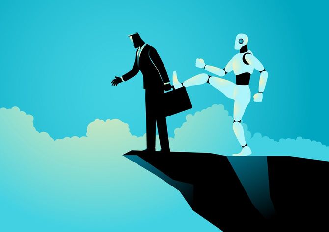 差し出した手は空を切り、崖縁で人型ロボットに蹴落とされそうなビジネスマンのシルエット