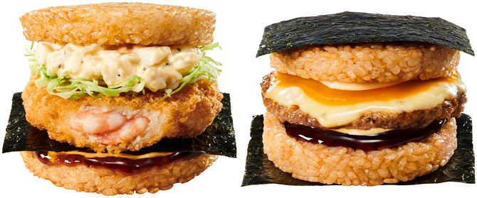 写真左から「エビ ごはんバーガー」(単品510円)と「絶品チーズ ごはんバーガー」(単品510円)。国産米を100%使用したお米のバンズと海苔との組み合わせには、フードコートで提供するラーメンやおにぎりのノウハウが生かされている