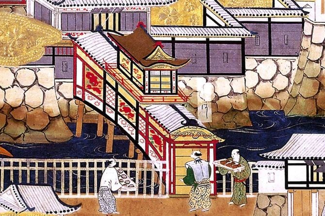 豊臣期大阪図屏風（オーストリア・エッゲンベルク城所蔵）部分。大阪城極楽橋