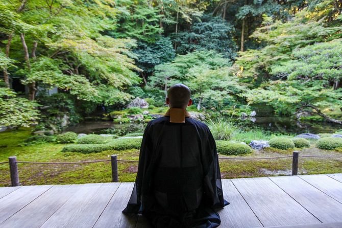 緑に囲まれた空間で瞑想する僧