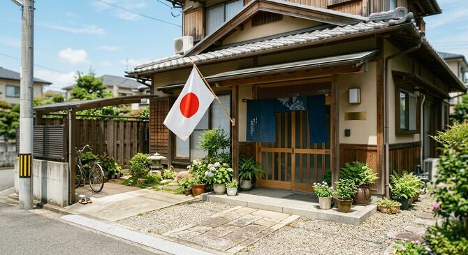 家の前に掲げられた国旗