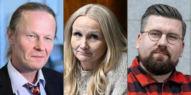 つり目ポーズの写真を投稿したフィンランドの（写真左から）カイサ・ガレデウ国会議員、ユホ・エーロラ国会議員、セバスティアン・ティンキュネン欧州議会議員、2025年12月17日