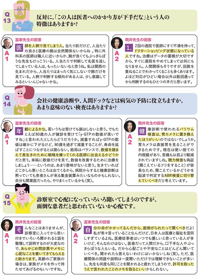 Q13 反対に、「この人は医者へのかかり方が下手だな」という人の特徴はありますか? Q14 会社の健康診断や、人間ドックなどは病気の予防に役立ちますか。あまり意味のない検査はありますか? Q15 診察室で心配になっていろいろ聞いてしまうのですが、面倒な患者だと思われていないか心配です。