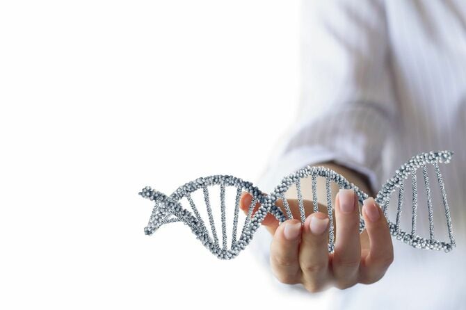 DNA螺旋モデルを手に持つ研究者