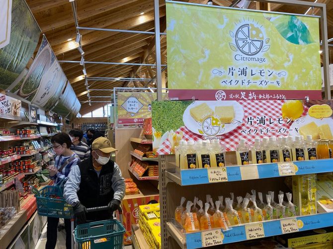 明るい店内で農産物やお土産を買い物する利用客