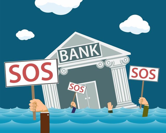 沈んでいく銀行と、SOSのプラカードを掲げる人たち