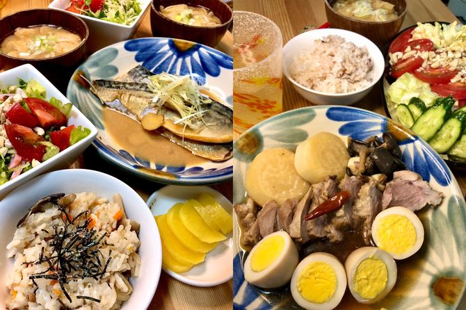 （左）旅行先のインドにて。色々な人に会っておしゃべりするのが好きです。ちなみに英語は喋れません。日本語で喋っていました。（右）サバの味噌煮と炊き込みご飯。魚より肉派の彼女にも美味しく食べてもらえるよう色々工夫しています。