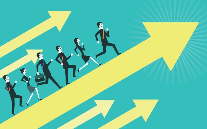 矢印の方向へ走るビジネスパーソンたち