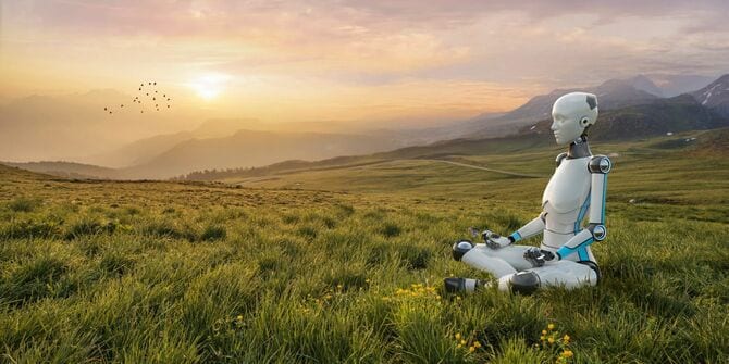 夜明けの草原で瞑想するロボット