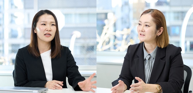 （左）澁川真実（しぶかわ・まみ）コミュニケーションデザイン部兼経営企画室　セクションマネージャー（右）荒麻吏（あら・まり）営業部／メディアプランニング部　セクションマネージャー