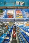 新大阪駅から車で10分程度の場所にある仕分け用の物流センター。配送用の箱がベルトコンベヤーで流れてくる。目の前のランプがつくと商品を入れればよく、注文リストを見る必要がない。慣れた様子で作業する女性たちは、近隣の主婦が中心という。